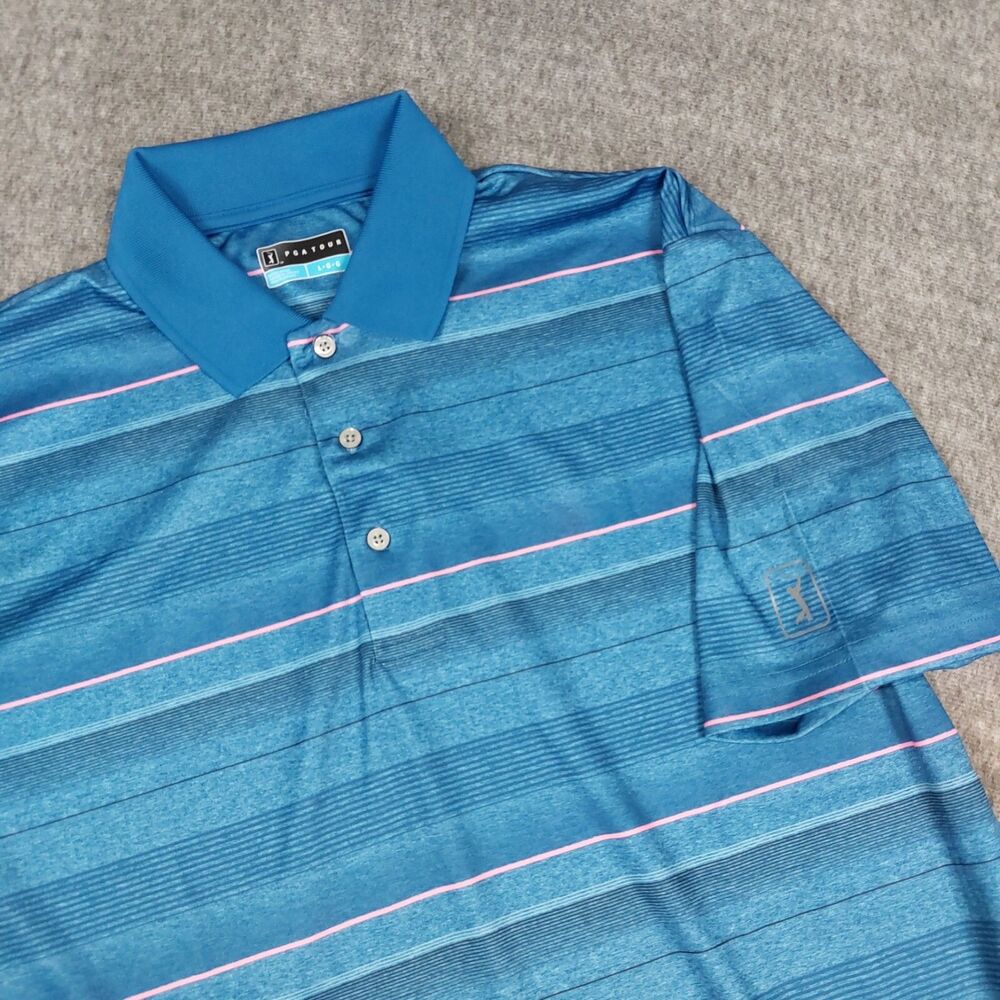 PGA Tour Men's Large Golf Polo Shirt Blue Pink Black Stripe Short Sleeve